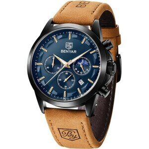 Mens Chronograph Watch Brown Leather Strap Waterproof Quartz Dress Watch
